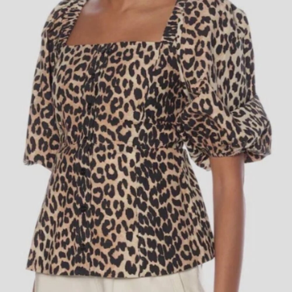 BNWT Ganni Women's Beige Leopard Print Puff Sleeve Blouse Top Size EU 36/US 4